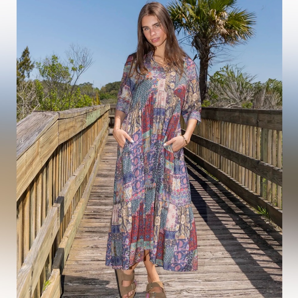 Natural Life Rebecca Midi Dress in Blue Patchwork Size Medium - Picture 6 of 12
